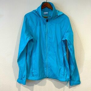 Columbia Aqua Blue Waterproof Lightweight packable hooded zipper rain Jacket L